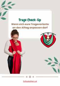 Frau mit Baby in Tragehilfe während einer Trageberatung zu Hause. Text: „Trage Check-up – Kurzberatung bei dir zu Hause“.