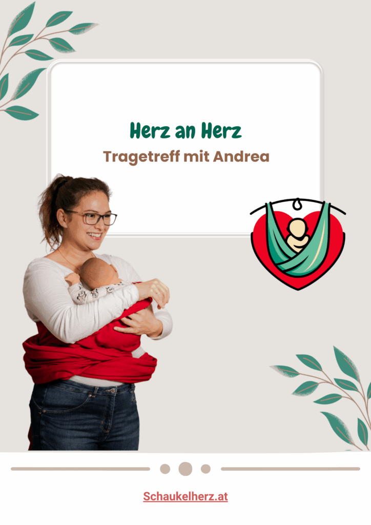 Andrea beim Tragen eines Babys in rotem Tragetuch, daneben Tragehilfen am Kleiderständer, Spielsachen und Sitzkissen in einem freundlichen Kursraum.