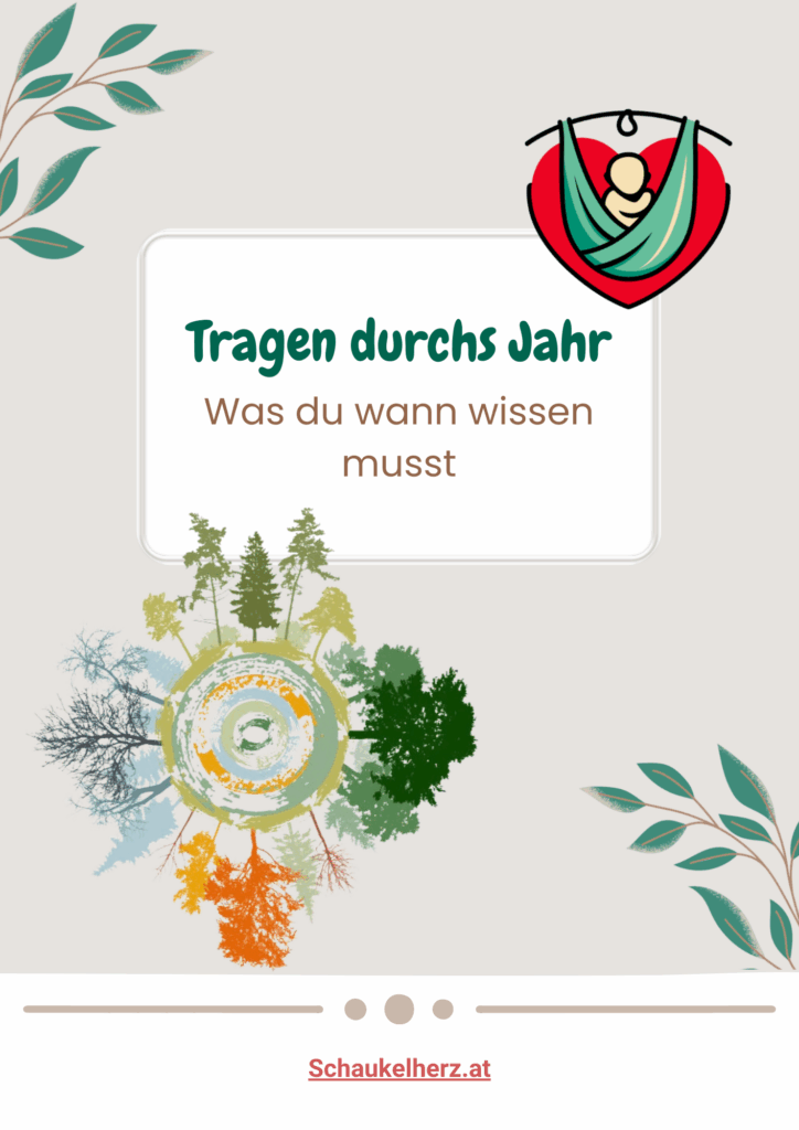 „Deckblatt des Ratgebers ‚Babytragen durchs Jahr‘ mit vier Jahreszeiten, einem Textfeld, einem Tragefoto und dem Logo von SchaukelHerz