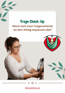 Frau mit Baby in Tragehilfe während einer Trageberatung zu Hause. Text: „Trage Check-up – Kurzberatung bei dir zu Hause“.