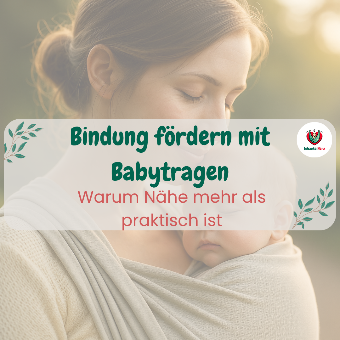 Frau trägt schlafendes Baby in Tragetuch; Text: „Bindung fördern mit Babytragen – Warum Nähe mehr als praktisch ist“