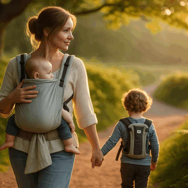 Mutter trägt ihr Baby in einer ergonomischen Tragehilfe und hält die Hand ihres Kleinkinds auf einem sonnigen Waldweg.
