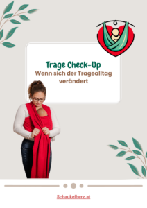 Frau mit Baby in Tragehilfe während einer Trageberatung zu Hause. Text: „Trage Check-up – Kurzberatung bei dir zu Hause“.