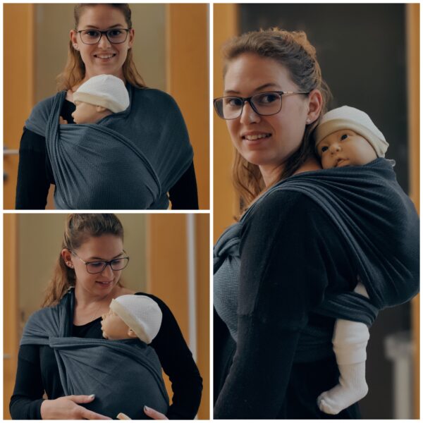Baby im elastischen Tragetuch getragen – ergonomische Trageweise für Neugeborene