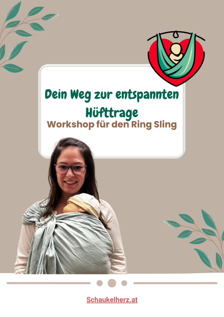 Frau mit Baby im Ring Sling vor beigem Hintergrund mit dem Schriftzug „Dein Weg zur entspannten Hüfttrage – Workshop Ring Sling“ und Schaukelherz Logo.