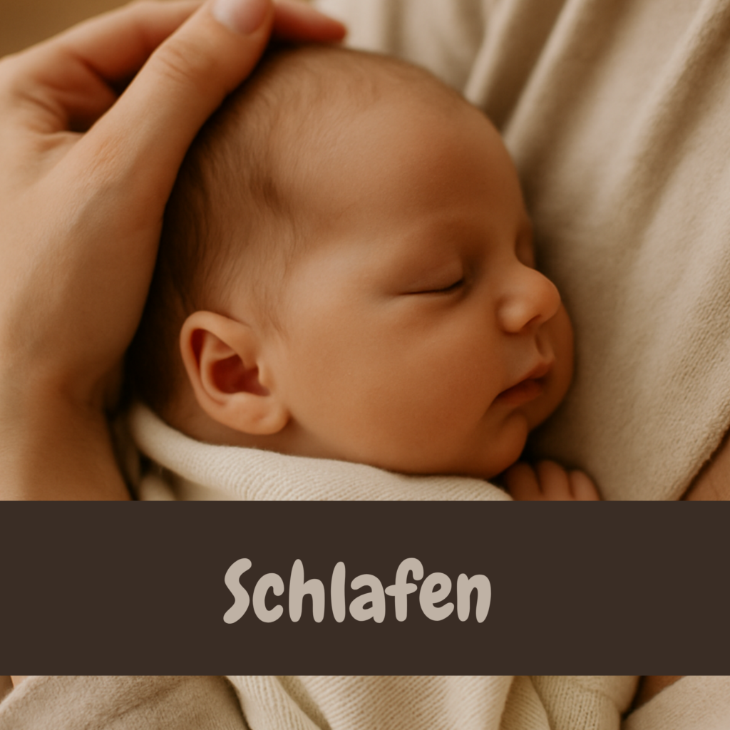 Baby schläft friedlich im Arm einer Elternperson