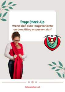 Frau mit Baby in Tragehilfe während einer Trageberatung zu Hause. Text: „Trage Check-up – Kurzberatung bei dir zu Hause“.