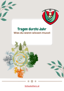Illustration mit vier Jahreszeiten und Titel „Tragen durchs Jahr – Was ziehe ich meinem Baby und Kleinkind wann an?“