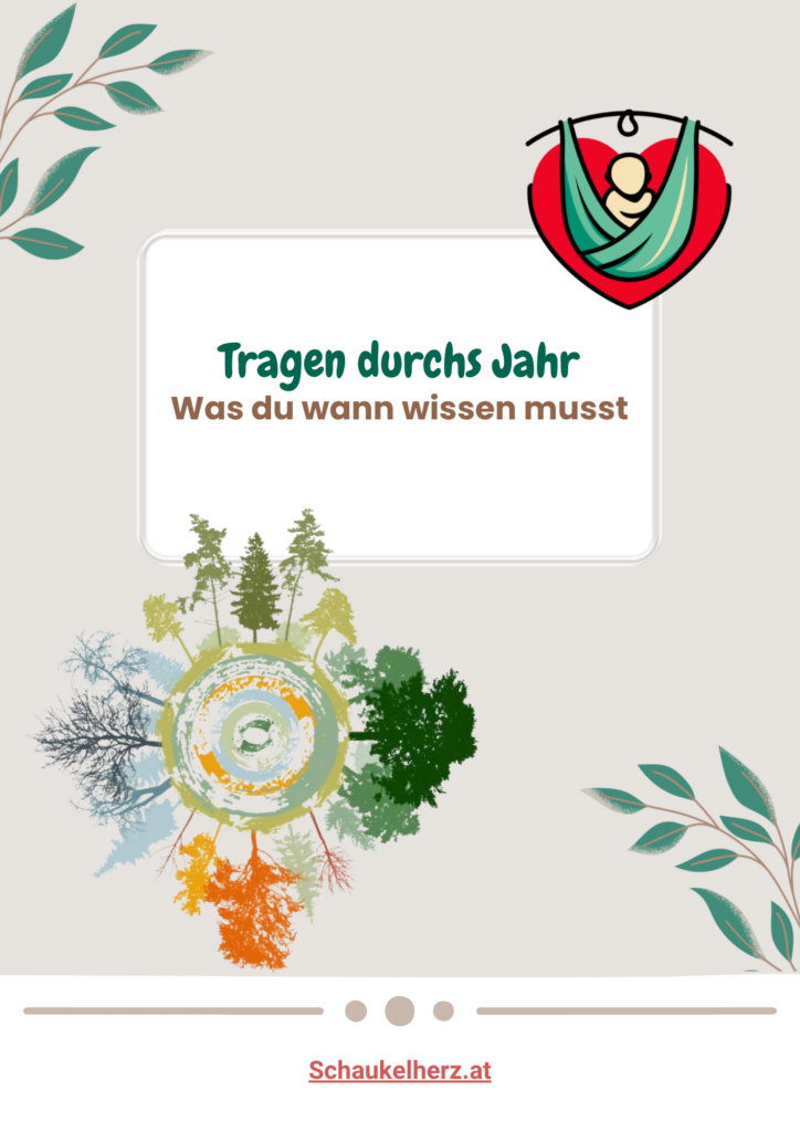 Illustration mit vier Jahreszeiten und Titel „Tragen durchs Jahr – Was ziehe ich meinem Baby und Kleinkind wann an?“