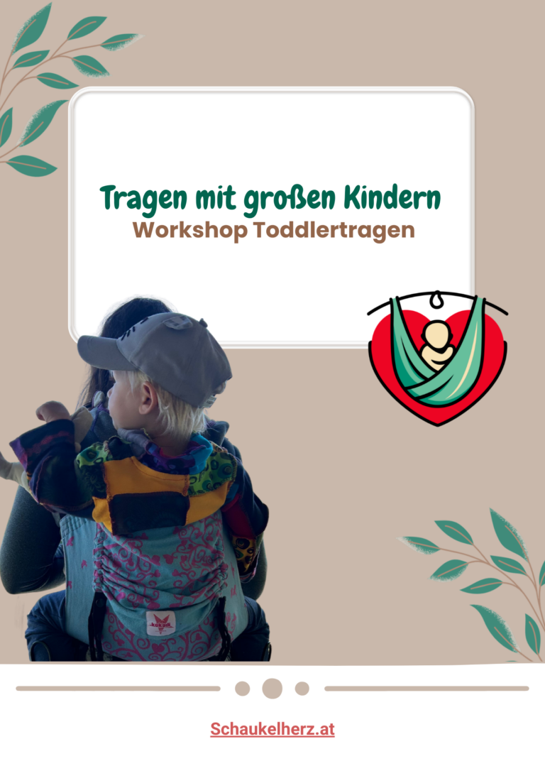 Kleinkind wird auf dem Rücken in einer Toddler-Tragehilfe getragen – Titelbild zum Workshop „Tragen mit großen Kindern“ von Schaukelherz.