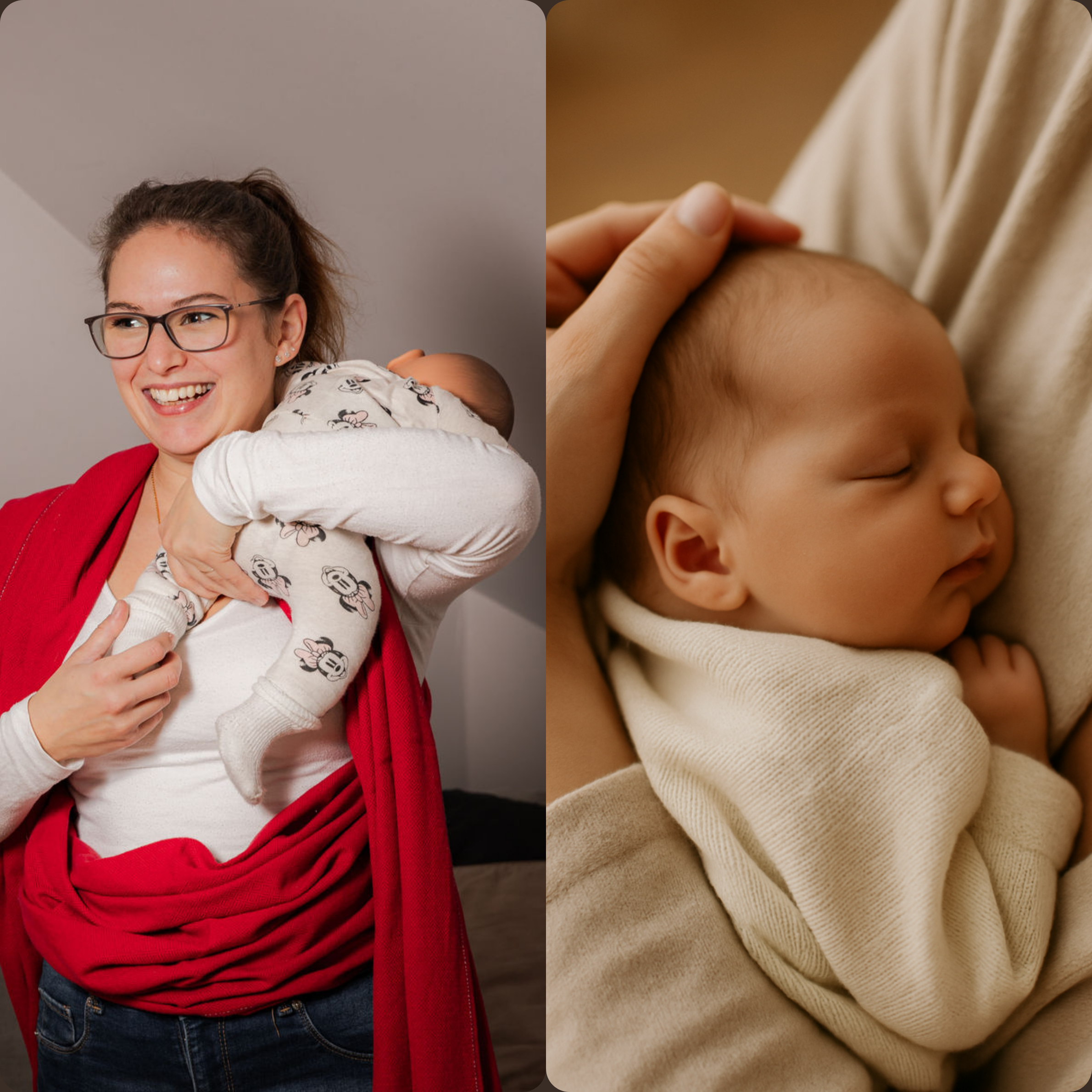 Tragendes Elternteil mit Baby im Tragetuch sowie schlafendes Baby in ruhiger Nahaufnahme