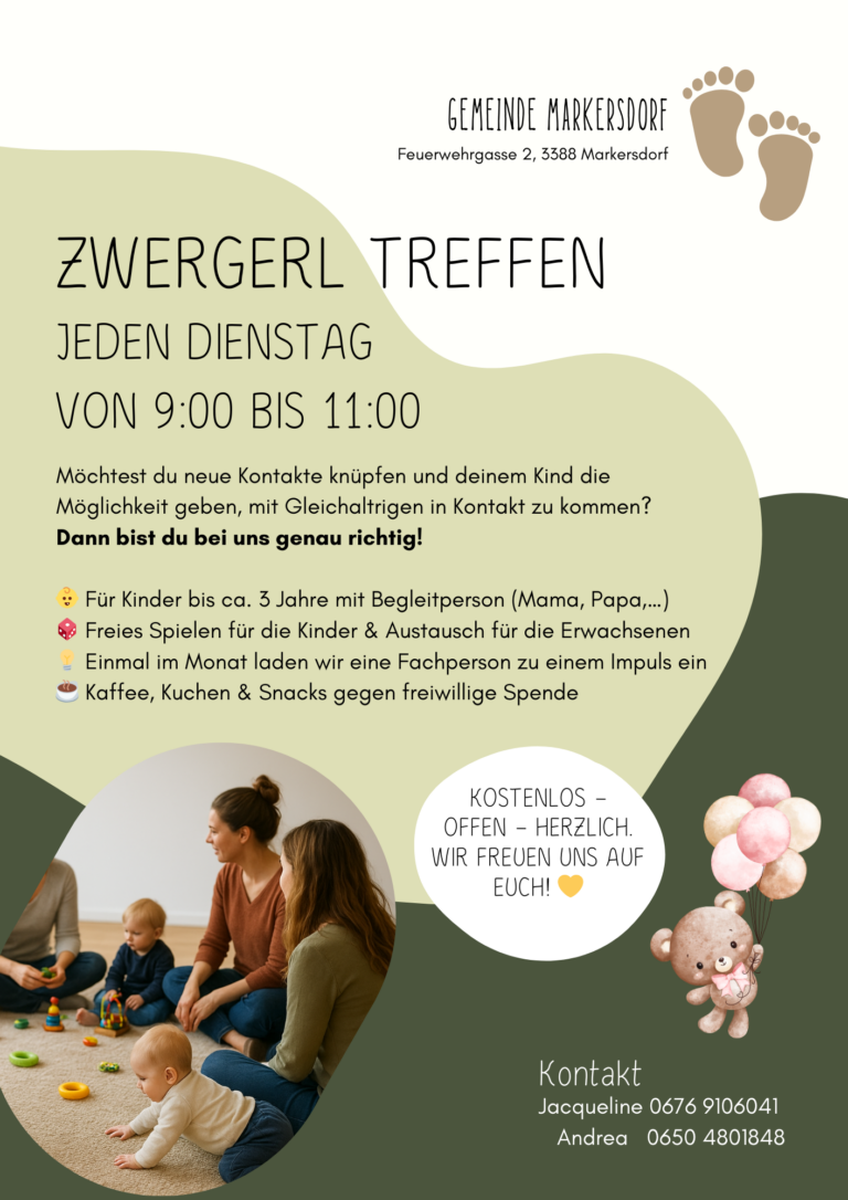 Flyer zum Zwergerltreffen Markersdorf – kostenlose Spielgruppe für Eltern mit Kindern bis 3 Jahre