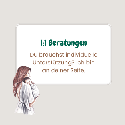 Individuelle Trageberatung – persönlich & einfühlsam Illustration einer Mutter mit Baby im Arm neben einem Textfeld mit der Aufschrift ‚1:1 Beratungen – Du brauchst individuelle Unterstützung? Ich bin an deiner Seite.