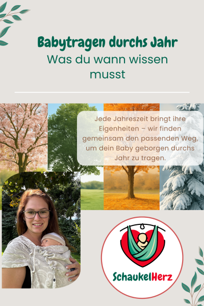 „Deckblatt des Ratgebers ‚Babytragen durchs Jahr‘ mit vier Jahreszeiten, einem Textfeld, einem Tragefoto und dem Logo von SchaukelHerz